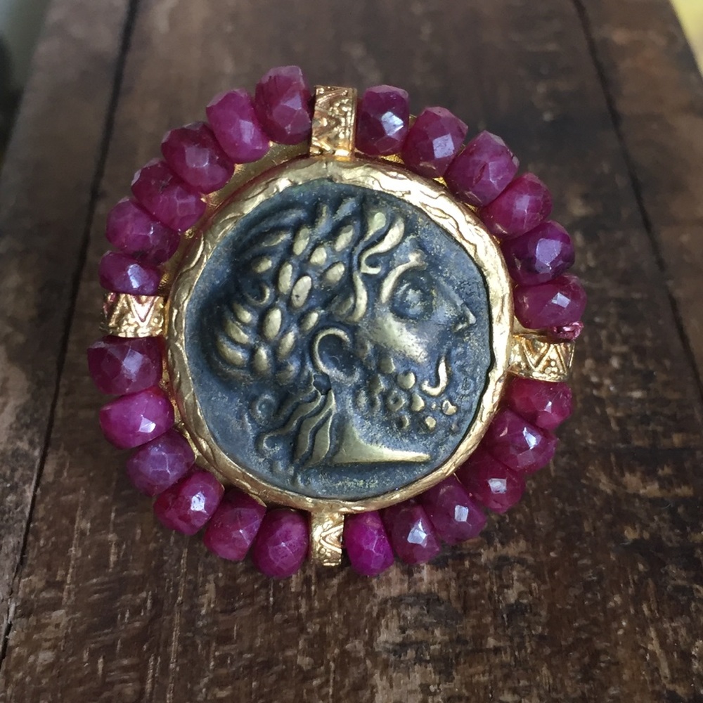Bronze gold Greek coin & pink sapphires gemstone ring 8